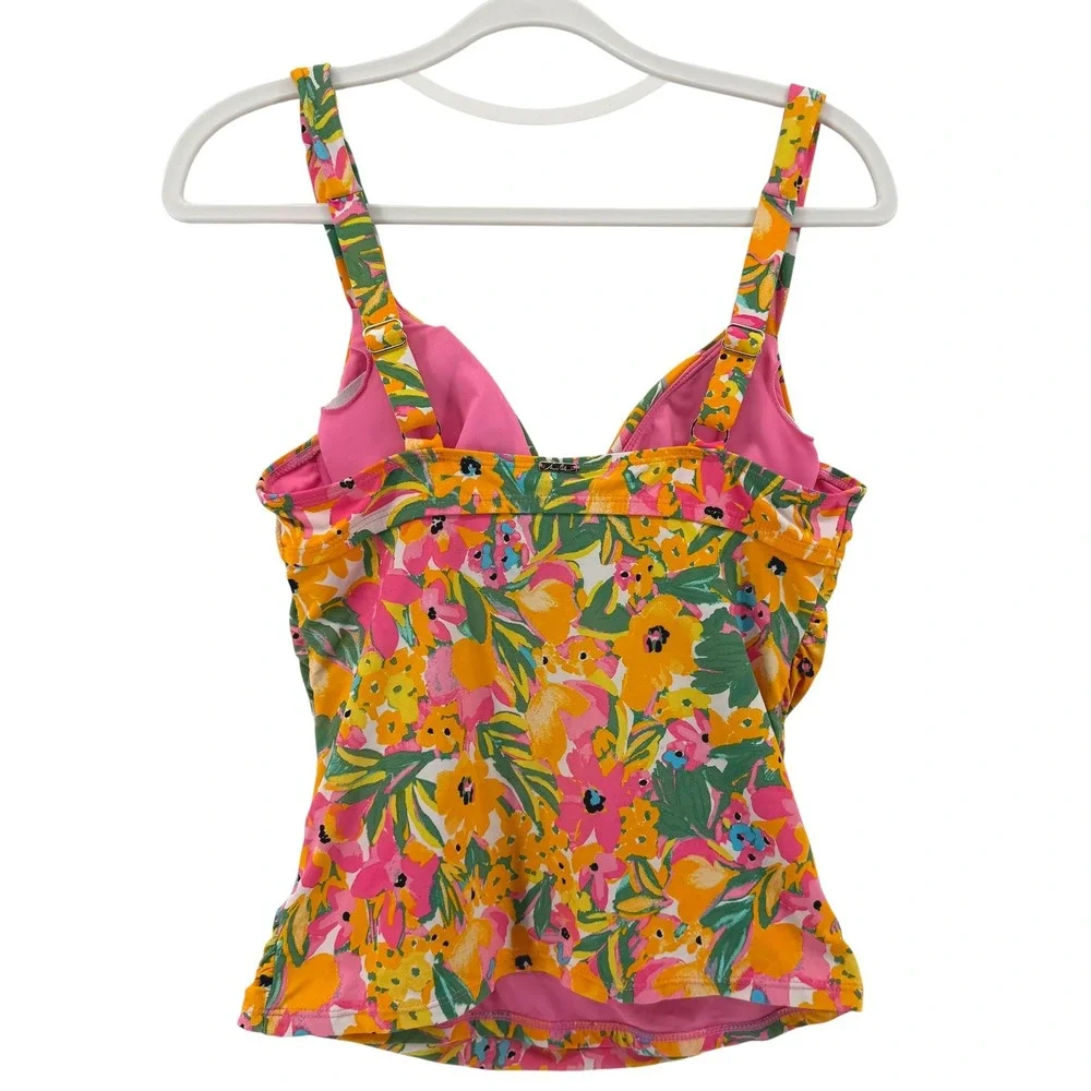 Anne Cole Floral Twist Front Tankini Top Yellow Pink 32C 34B Sweetheart Neckline